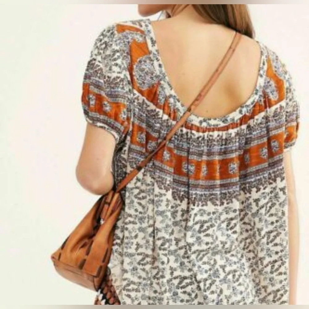 FREE PEOPLE Paisley Puff Sleeve Swing Top Boho Oversized size L